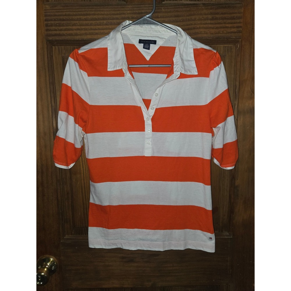 Tommy Hilfiger Womens Orange White Striped Elbow Sleeve Polo Shirt Large